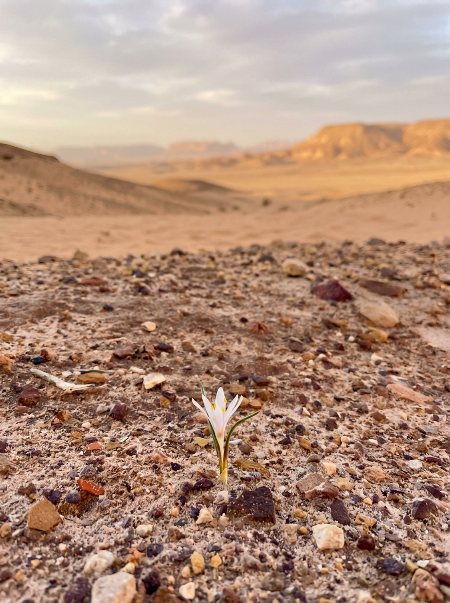 A single flower blooming in the desert